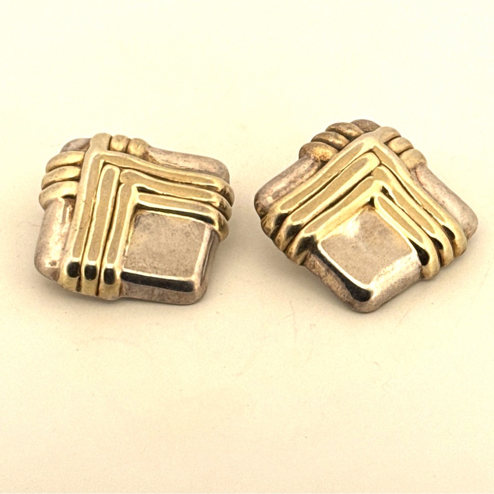 Vintage 925 Sterling Silver very large Puffy Square 2 tone clipon Earrings 18.5g - Picture 5 of 10